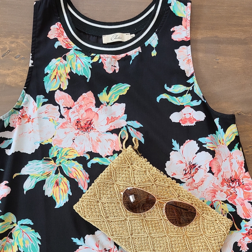 Floral a-line dress w racer stripe trim